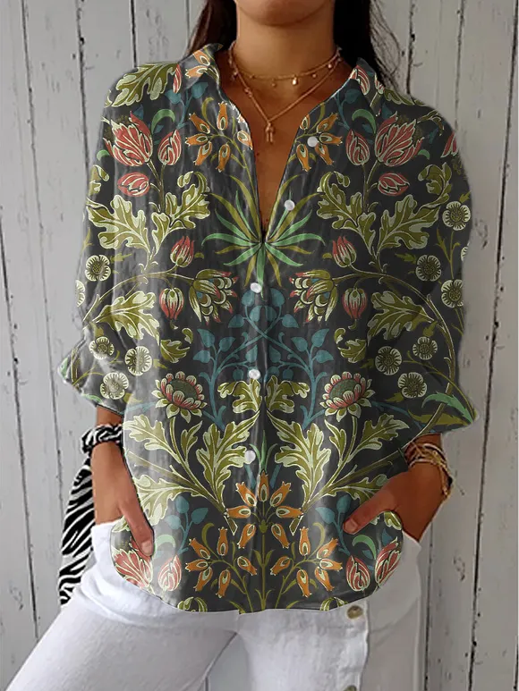 Women's Vintage Flower Art Print Casual Linen V-neck Shirt