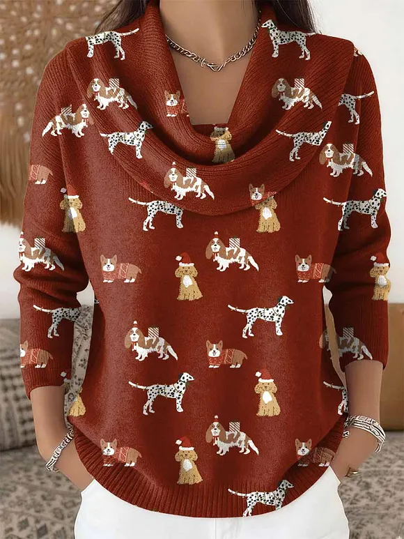 Women's Retro Christmas Dog Pattern Long Sleeve Sweater
