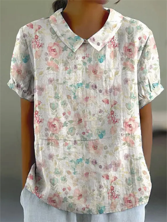 Women's Vintage Art Flower Print Casual Cotton And Linen Shirt
