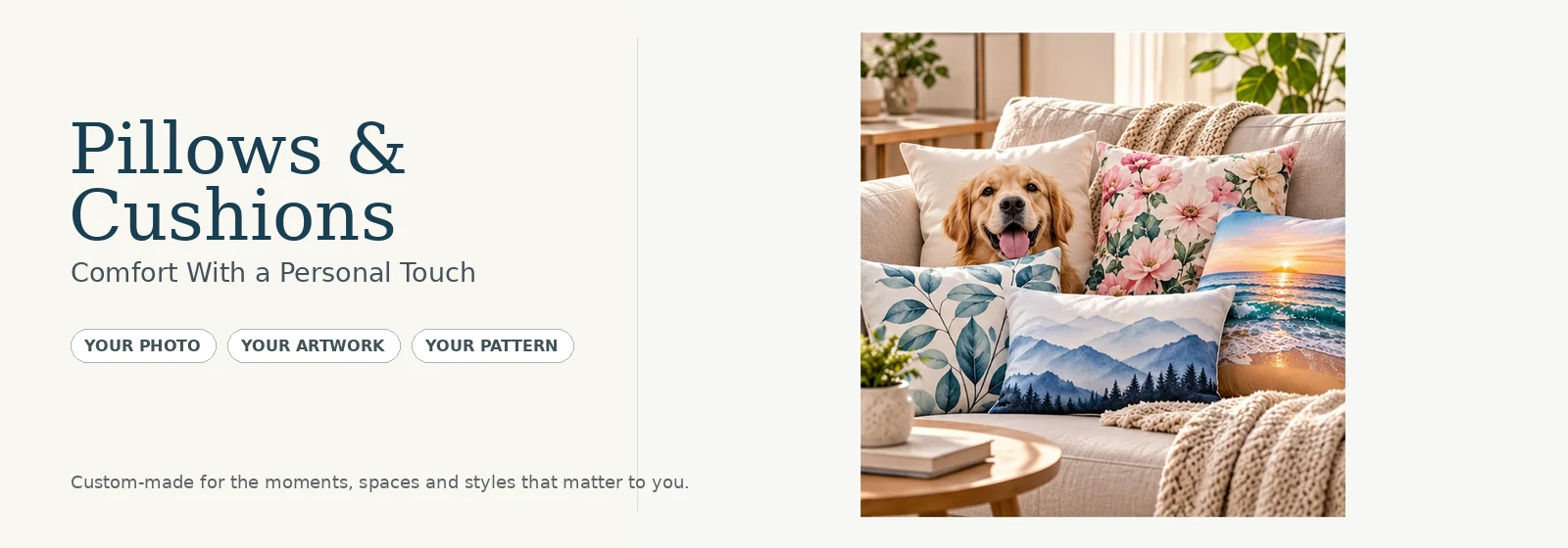 Custom photo pillows and cushions with pet floral mountain and beach designs