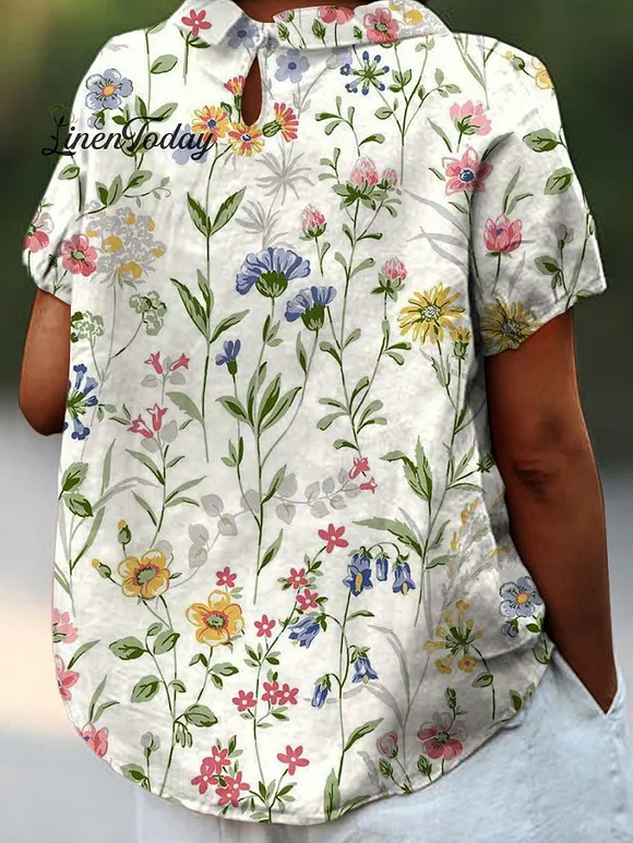 Women's Retro Floral Art Print Casual Cotton And Linen Shirt