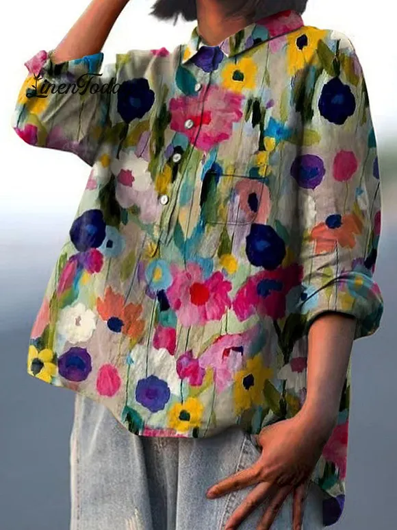Women's Vintage Colorful Floral Art Print Casual Cotton And Linen Shirt