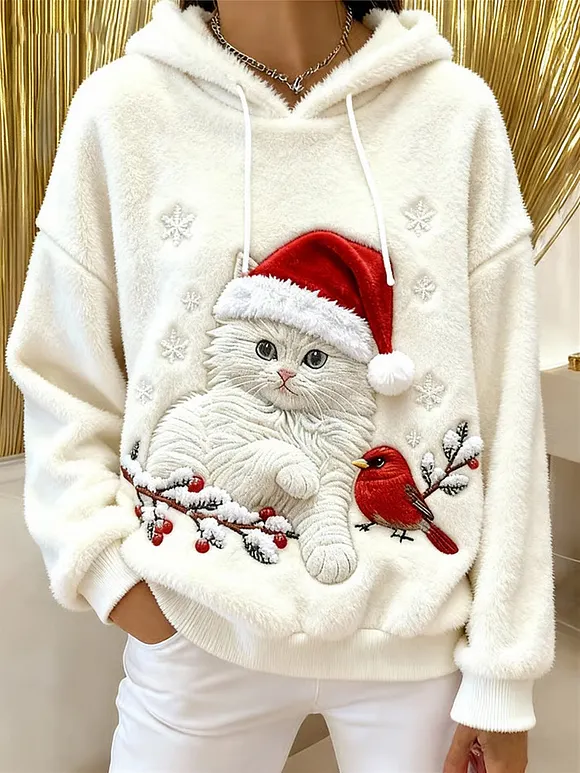Women's Cute Christmas Cat Art Print Casual Flannel Hoodie