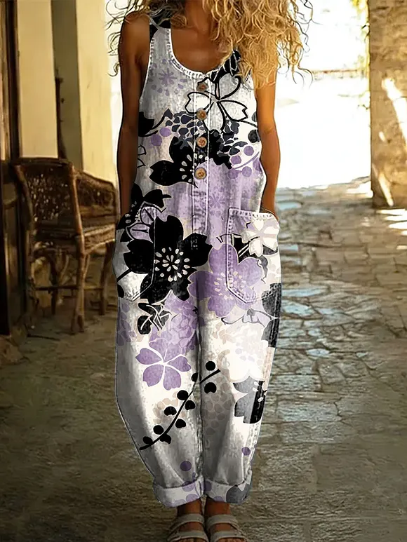 Women's Flowers Floral Casual Cotton Vest Denim Jumpsuit