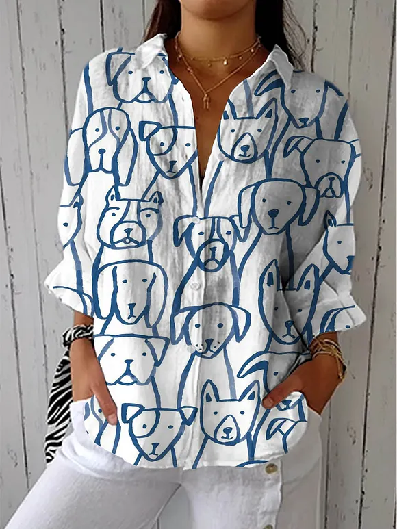 Women's Lovely Dog Art Print Casual Cotton Linen V-neck Shirt