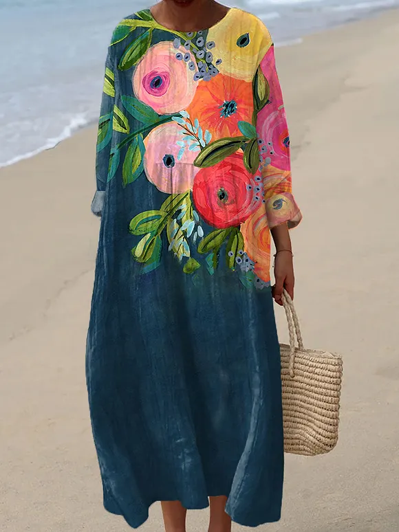 Women's Vintage Flower Art Print Casual Dress