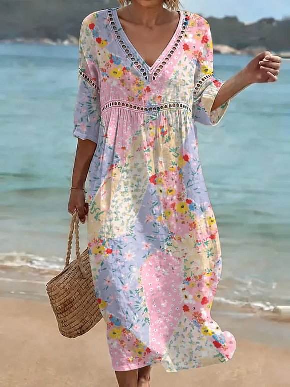 Women's Retro Floral Pattern Art Print Casual Stylish Cotton Linen Dress