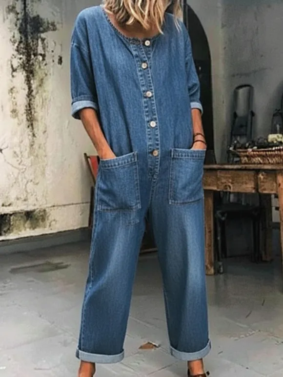 Women's Casual Denim Pockets Jumpsuit