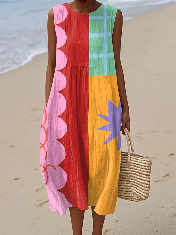 Women's Vintage Abstract Geometric Art Print Sleeveless Cotton Pocket Wrap Dress