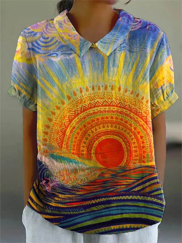 Women's Vintage Sun Pattern Art Print Casual Cotton And Linen Shirt