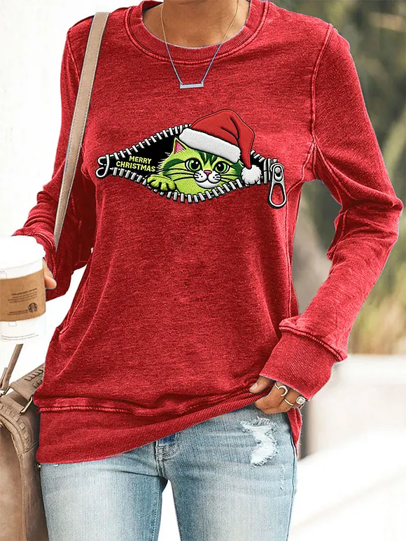 Women's Funny Cute Merry Christmas Grinch Cat Print Casual Sweatshirt