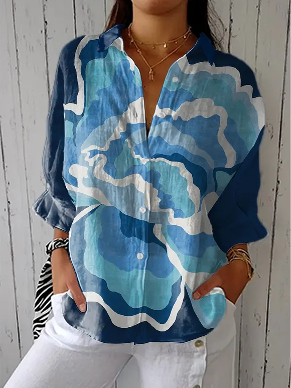Women's Vintage Floral Art Print Casual Linen V-neck Shirt