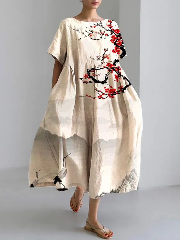 Plum Blossom Japanese Art Linen Blend Casual Dress