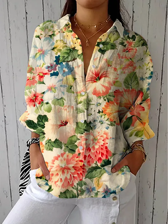 Women's Vintage Floral Art Print Casual Cotton Linen V-neck Shirt