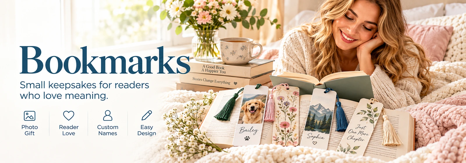 Personalized bookmarks banner with custom photo and floral bookmarks arranged on open books