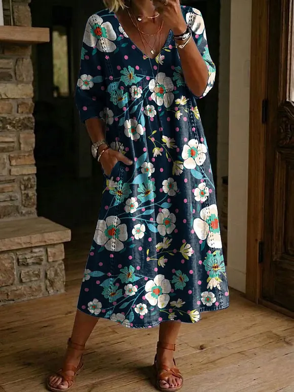 Women's Flower Print Casual Loose-fit Cotton-linen Dress With Lace Trim And Paneling