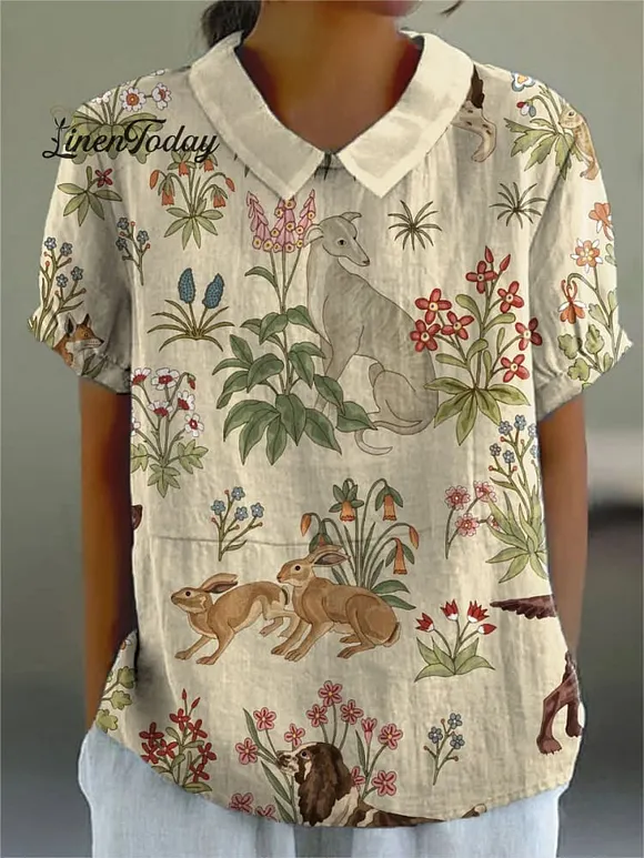 Women's Vintage Floral Animals Art Print Casual Cotton And Linen Shirt