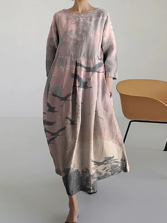 Vintage Japanese Art Flying Bird and Landscape Print Midi Dress