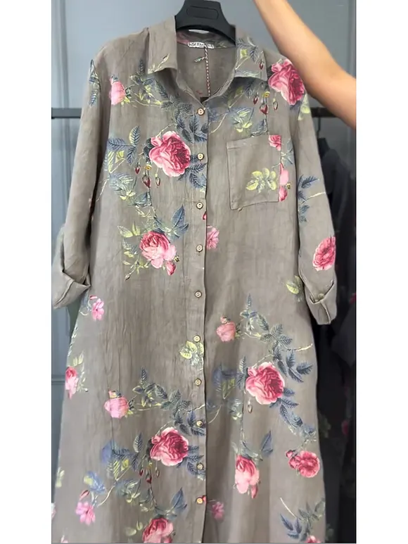 Women's Floral Print Cotton and Linen Shirt Dress