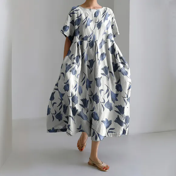 Vintage Floral Print Round Neck Short Sleeve Midi Dress