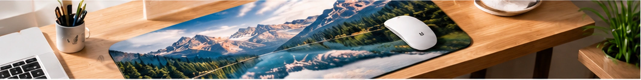 Custom desk mats banner featuring a personalized mountain landscape desk mat in a workspace