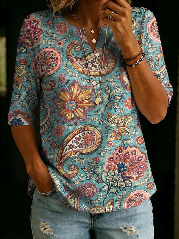 Women’s Floral Pattern Art Casual Classic Henley Collar 100% Cotton T-shirt
