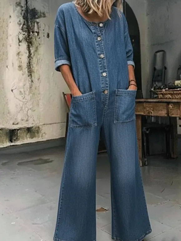 Women's Casual Denim Pockets Jumpsuit
