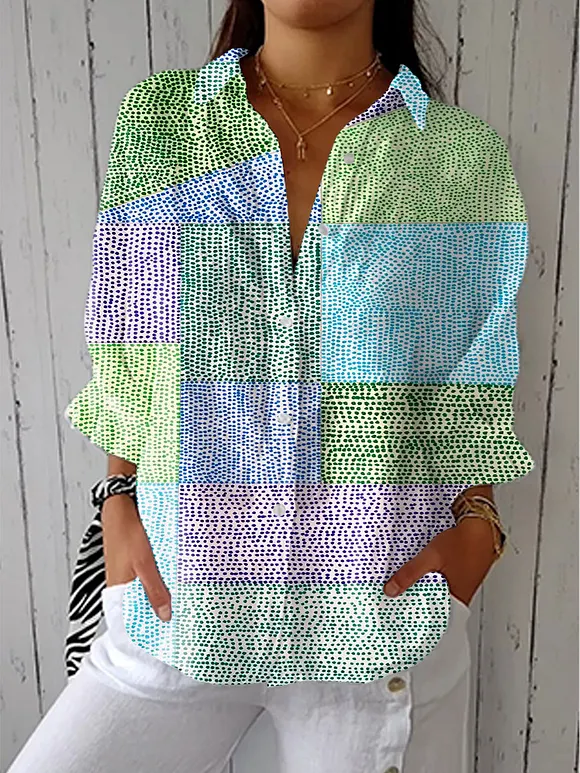 Women's Colorful Block Spot Art Print Casual Linen V-neck Shirt