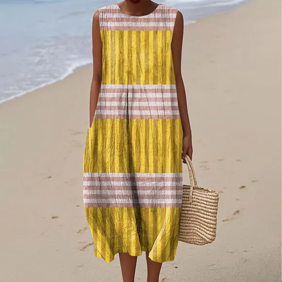 Women's Fashion Color Block Line Art Print Sleeveless Cotton Pocket Wrap Dress