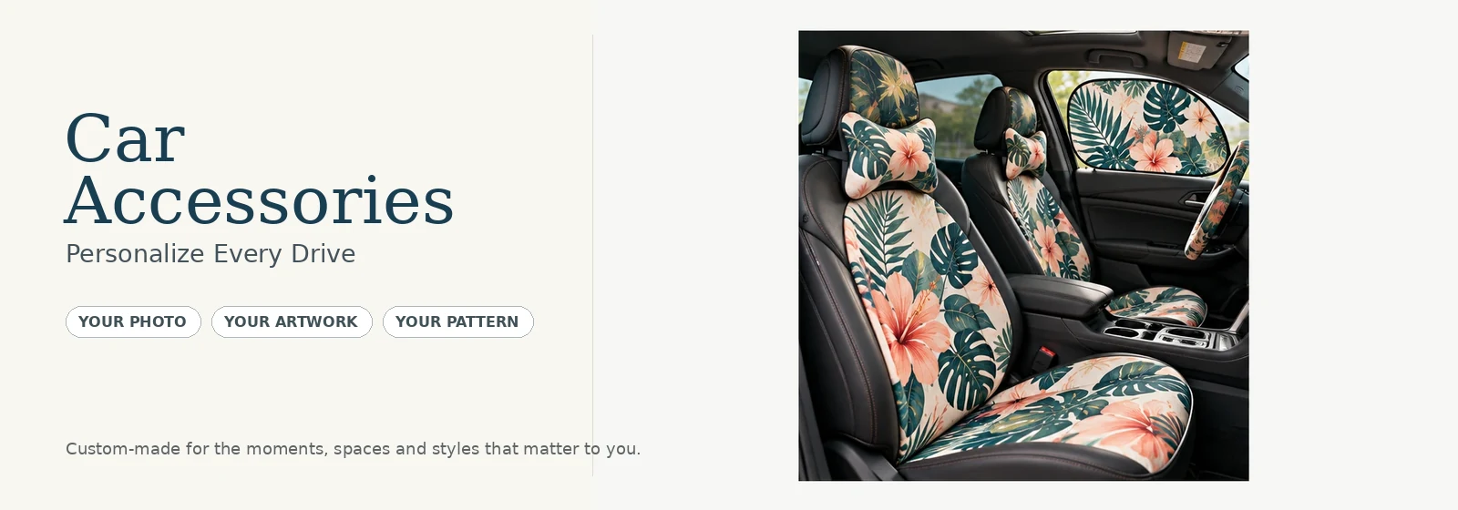 Custom car accessories with coordinated tropical printed interior designs