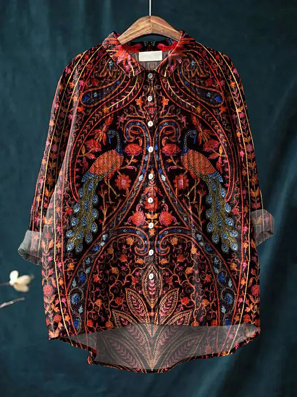 Women's Vintage Floral Peacock Pattern Art Print Casual Cotton And Linen Ruffle Shirt