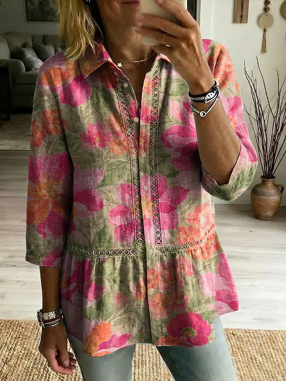 Floral Flowers Art Patterns Casual Patchwork Openwork Webbing Linen And Cotton Shirt