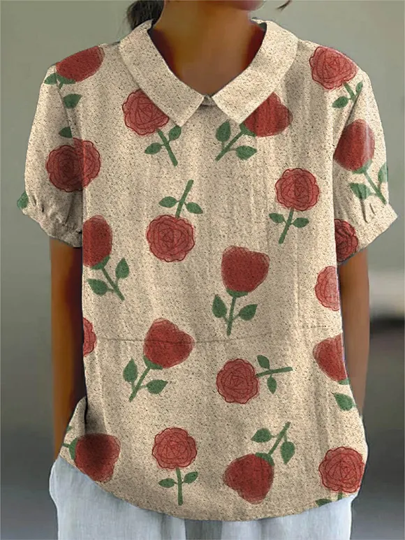 Women's Lovely Floral Art Print Casual Cotton And Linen Shirt