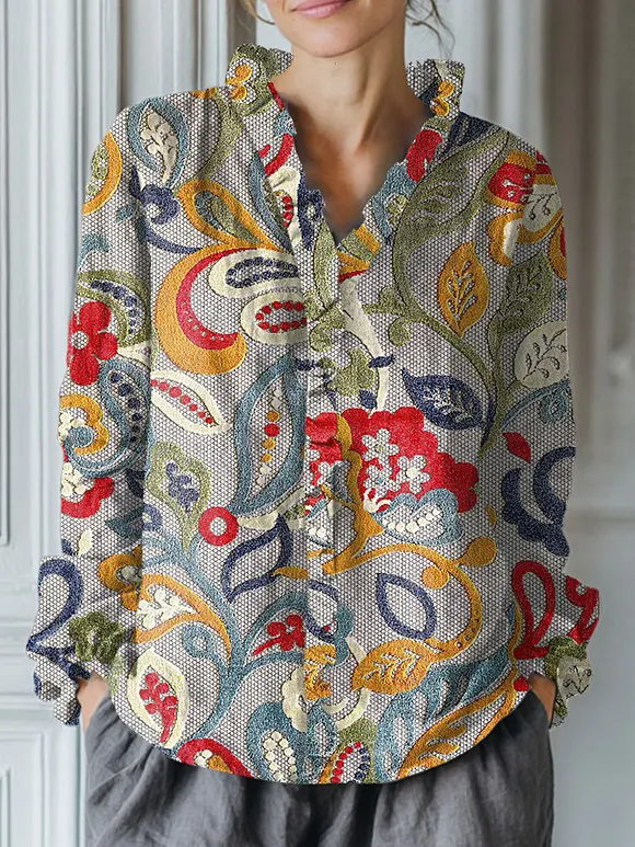 Women's Vintage Flower Art Print Casual Cotton And Linen Ruffle Shirt