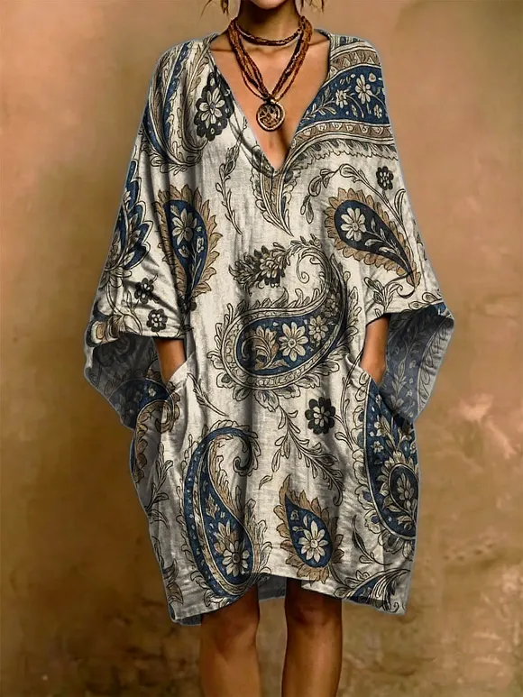 Vintage Floral Paisley Decorative Pattern Woman‘s Short Sleeve Cotton Linen Dress