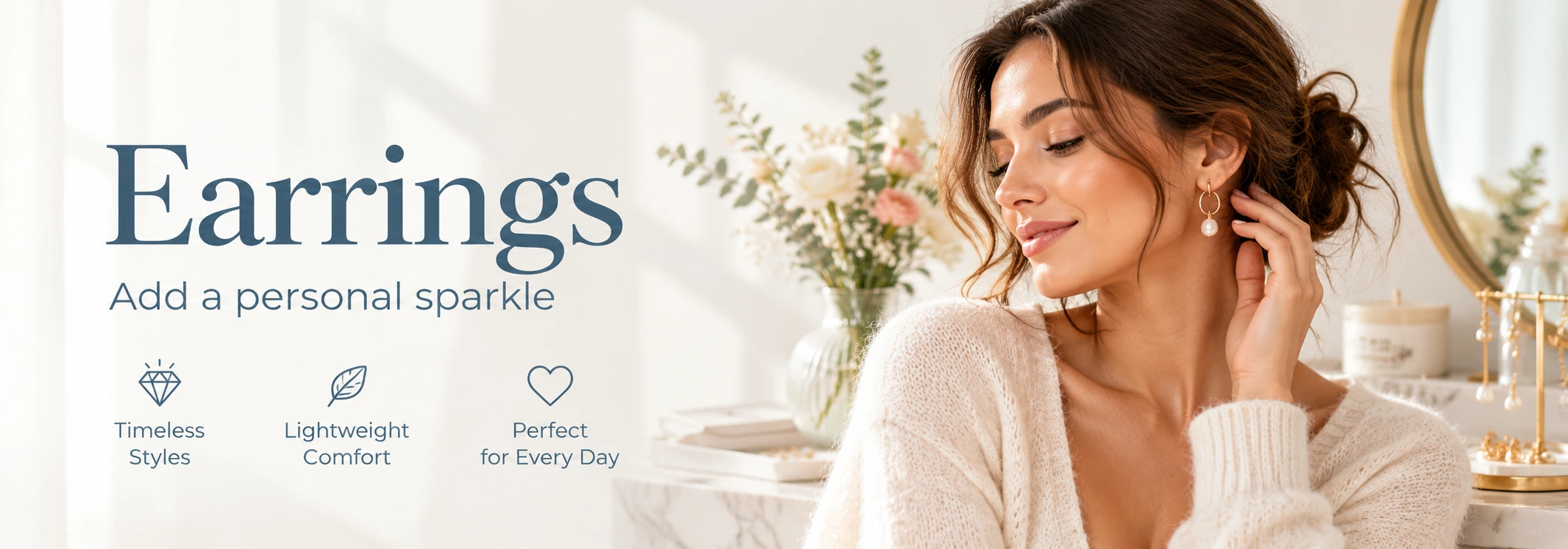Personalized earrings banner with a woman showcasing elegant everyday earrings in a soft lifestyle setting