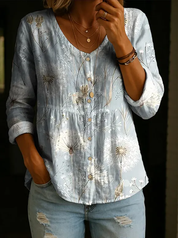 Women's Floral Pattern Art Print Casual Cotton Shirt