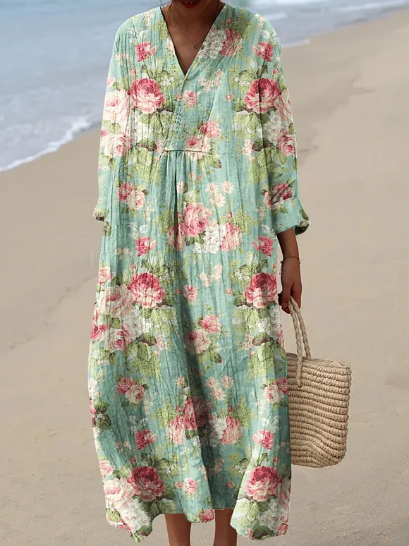 Flowing Watercolor-Inspired Floral Print Summer Dress
