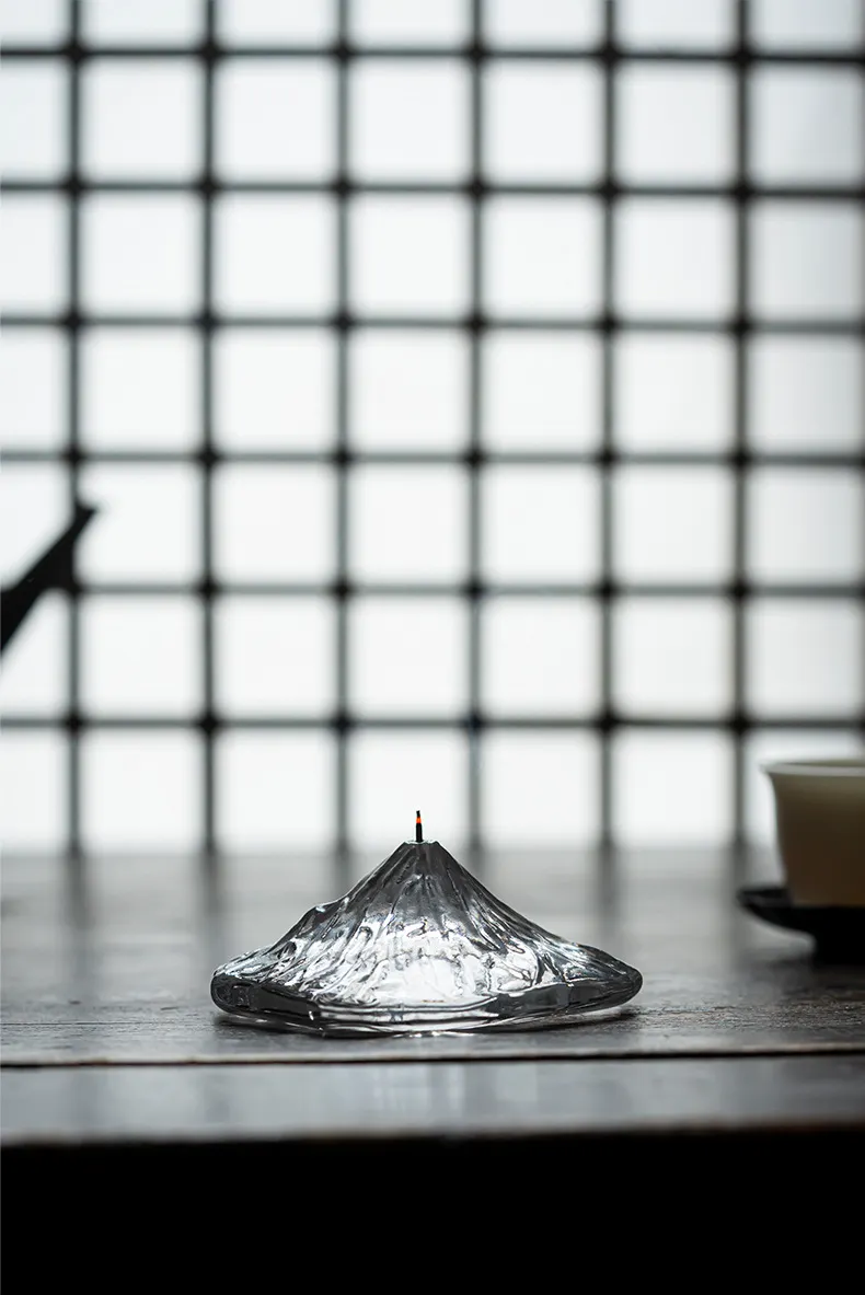 New Crystal Glass Incense Holder with Fuji Mountain Design, Transparent Incense Burner, Home Zen Ornament with Lid 12
