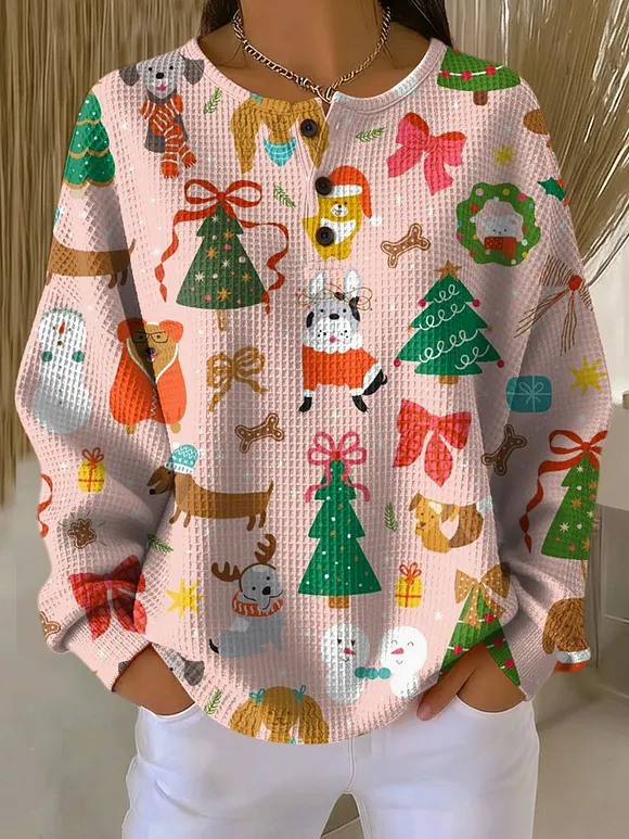 Women's Christmas Cute Animal Cat Pattern Art Print Casual Cotton Shirt