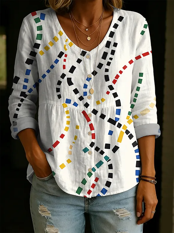 Women's Fun Colorful Geometric Dotted Line Decorative Patterns Linen And Cotton Shirt