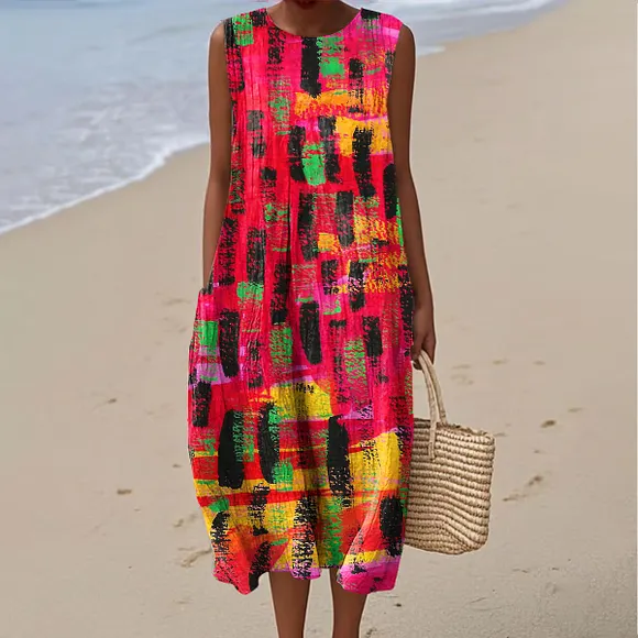 Women's Vintage Color Block Art Print Sleeveless Cotton Pocket Wrap Dress