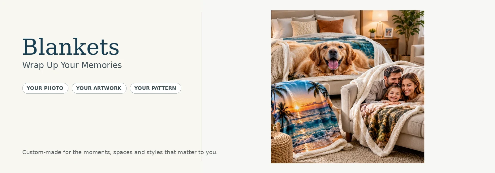 Custom photo blankets displayed in a cozy bedroom and living room