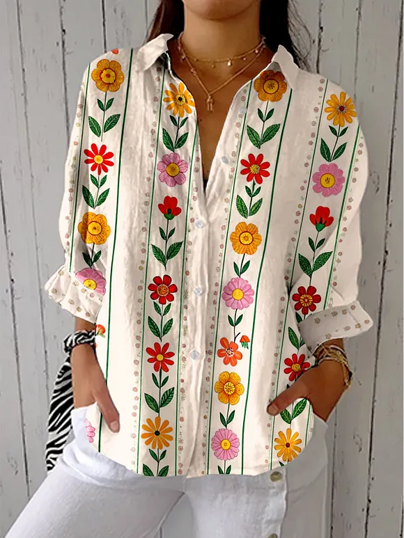Women's Vintage Floral Art Print Casual Linen V-neck Shirt
