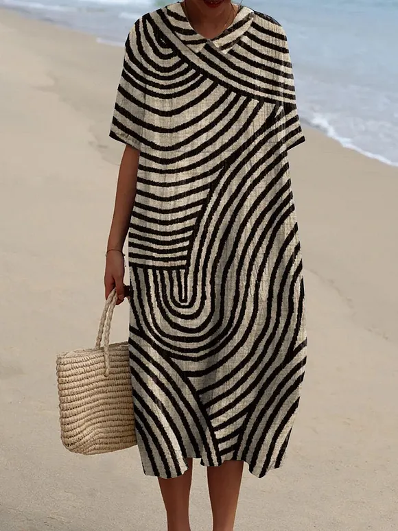 Women's Retro Hand Drawn Geometric Line Print Pocket Linen Dress（Convertible Dress With Front And Back Option）