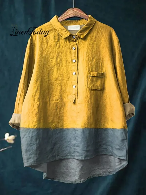 Women's Abstract Simple Color Matching Modern Art Print Casual Cotton And Linen Shirt