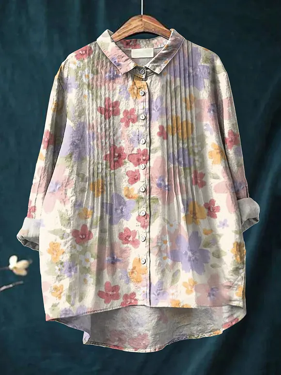 Women's Colorful Artistic Flowers Print Casual Cotton And Linen Ruffle Shirt