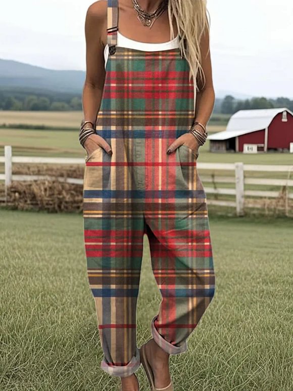 Women's Vintage Plaid Art Print Casual 100% Cotton Wide Leg Jumpsuit