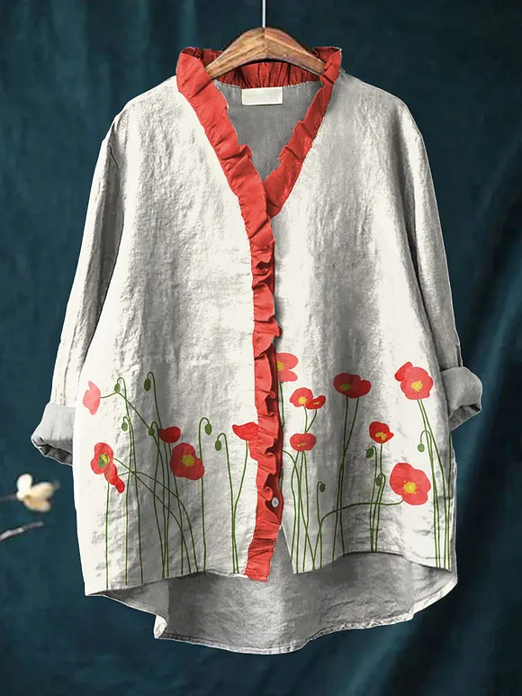 Women's Vintage Floral Art Print Casual Cotton And Linen Ruffle Shirt