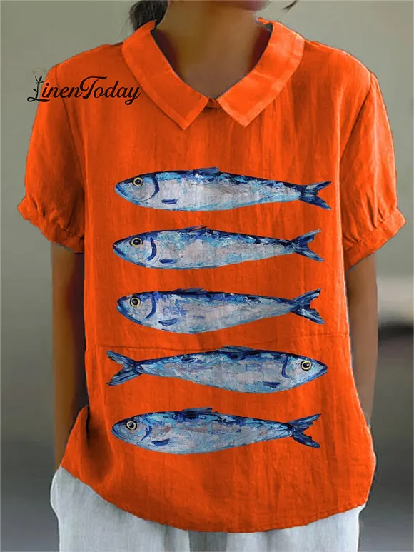 Women's Vintage Lovely Fish Art Print Casual Cotton And Linen Shirt